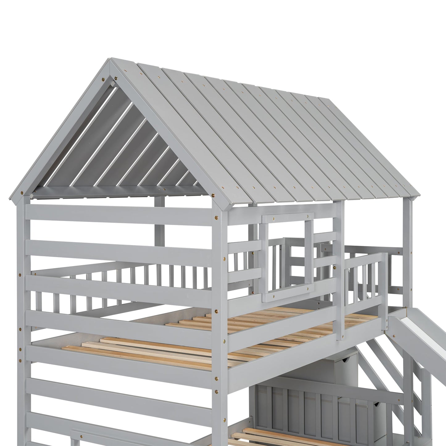 Lit superposé jumeau sur jumeau avec trundle et toboggan - Gris