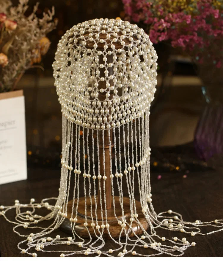 Handmade hollowed out headpiece performance pearl tassel hat - Korvel