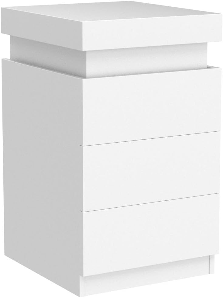 Mesita de Noche Blanca Moderna con 3 Cajones LED