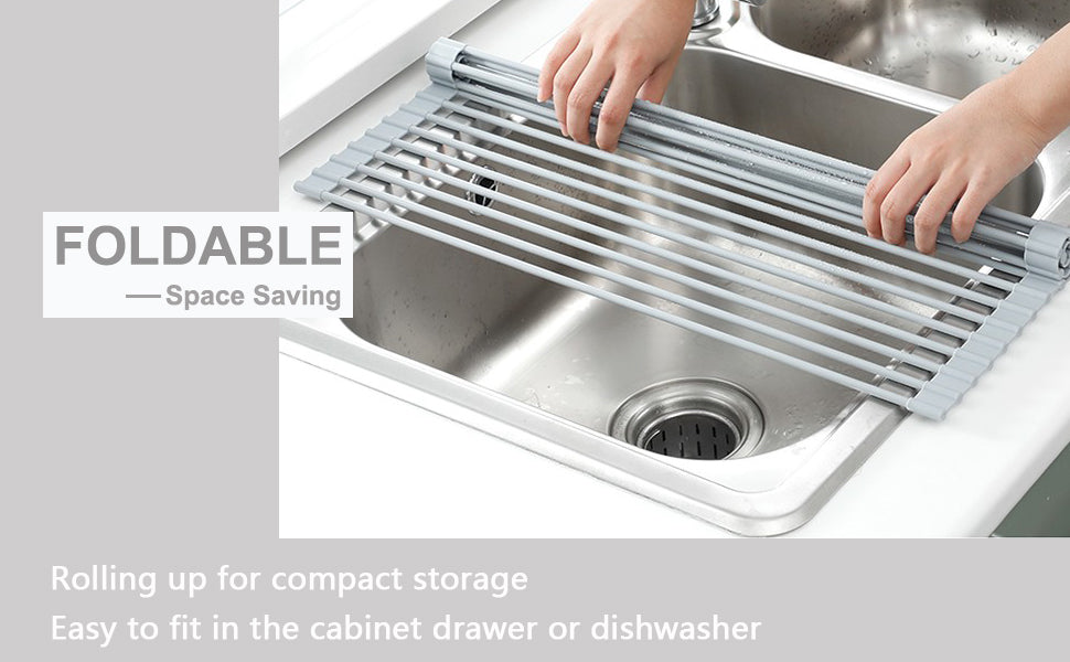 Roll Up Dish Drying Rack, Over The Sink Dish Drying Rack Kitchen Rolling Dish Drainer, Foldable Sink Rack Mat Stainless Steel Wi - Korvel