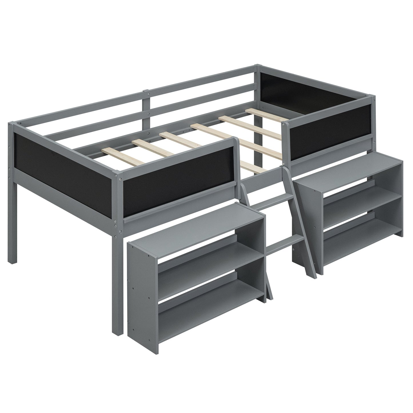 Twin Size Low Loft Bed with Two Movable Shelves and Ladder,with Decorative Guardrail Chalkboard,Gray - Korvel