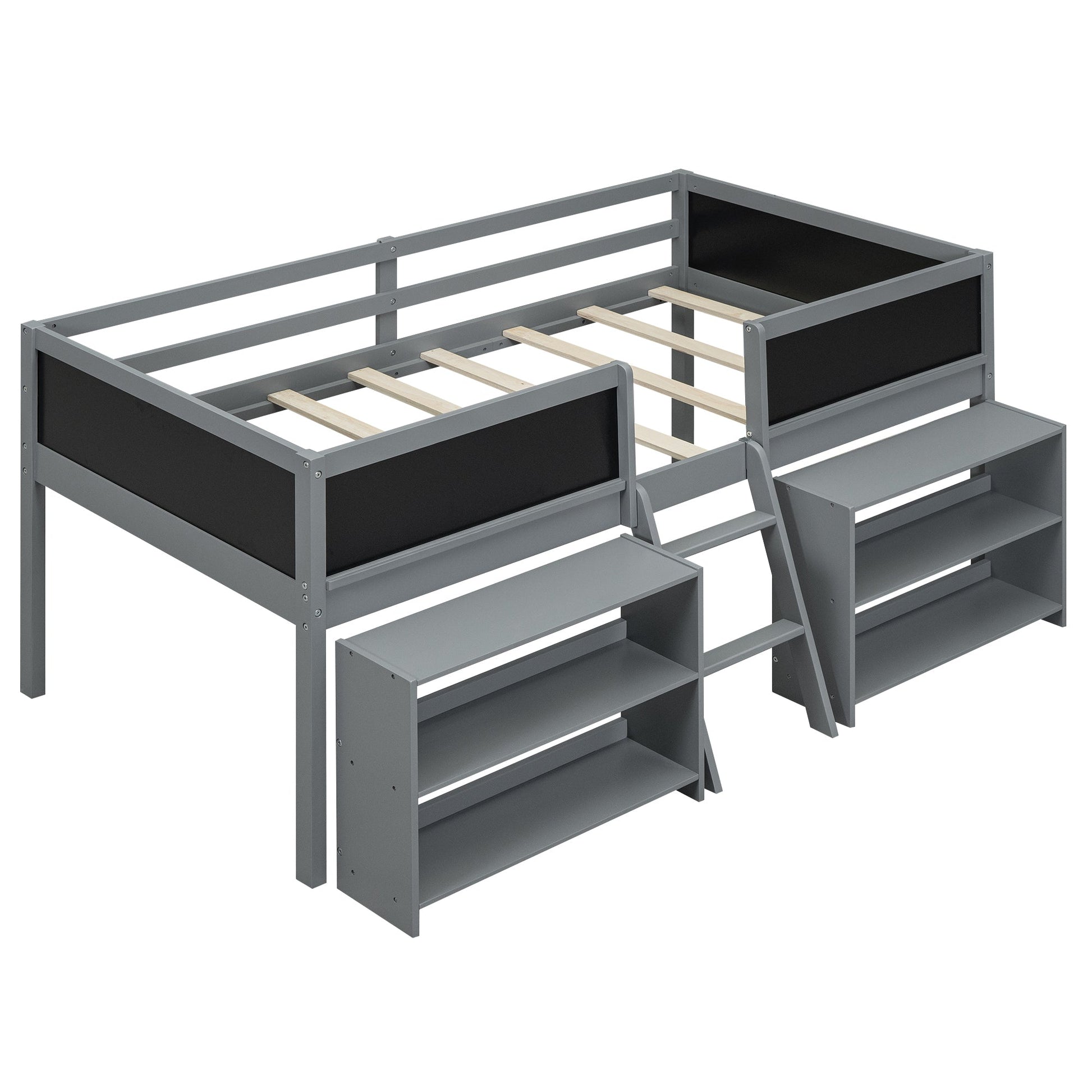 Twin Size Low Loft Bed with Two Movable Shelves and Ladder,with Decorative Guardrail Chalkboard,Gray - Korvel