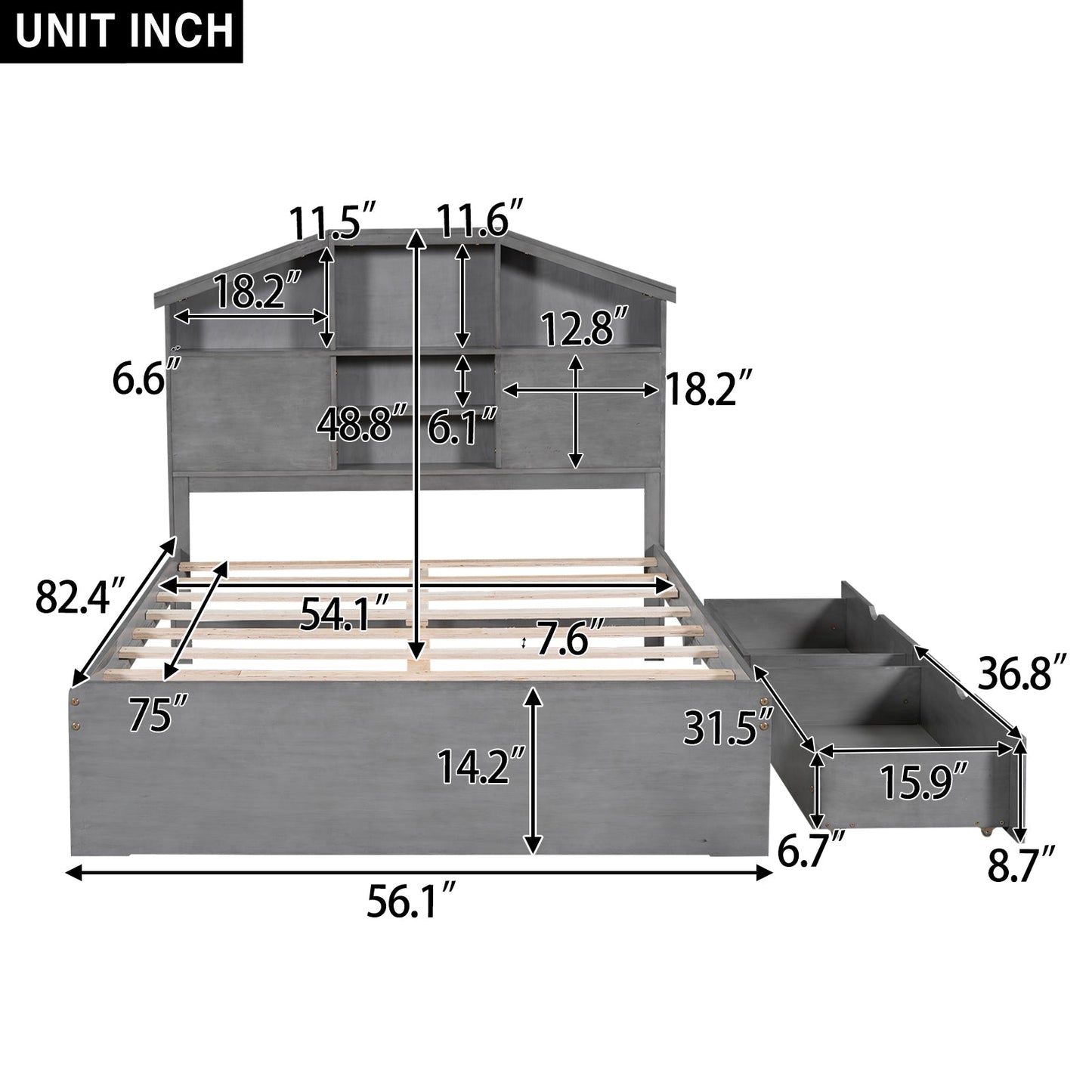 Full Size Wood Platform Bed with Storage Headboard - Gray