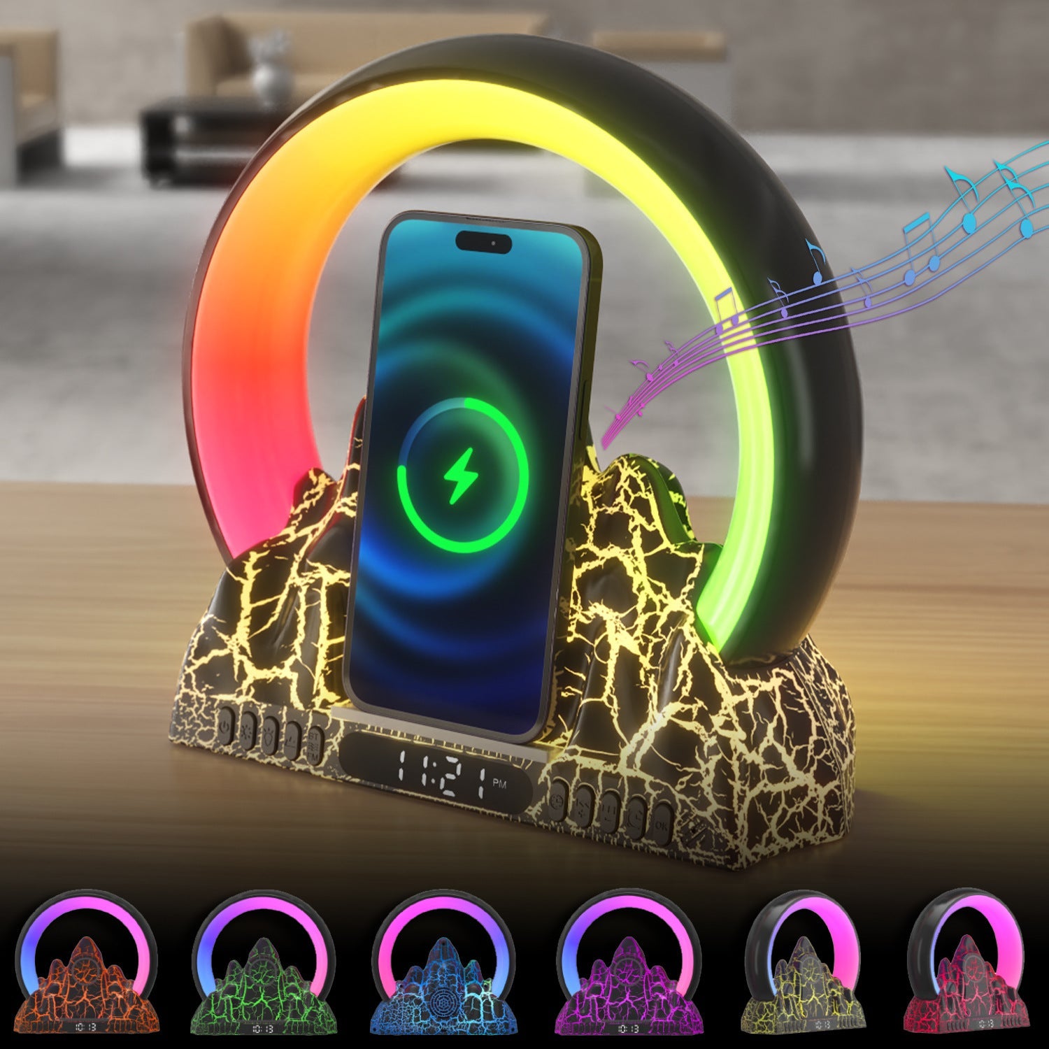 Smart Tuya APP Sunrise Flame Mountain Alarm Clock Night Lights 15W Wireless Charing BT Speaker White Noise LED Table Lamp - Korvel