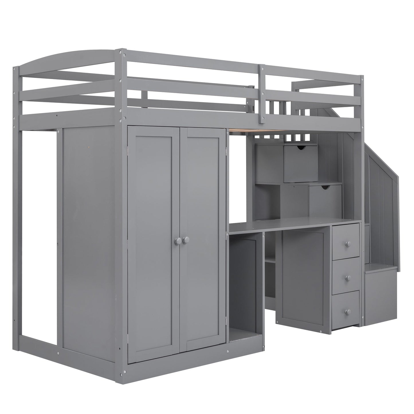 Cama loft tamaño twin con armario y almacenamiento en gris