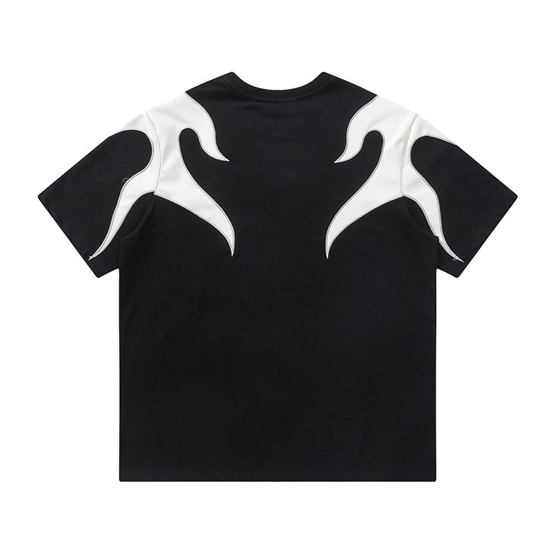 Color Block Applique Embroidery Flame Short Sleeve T-Shirt High Street Design Creative Abstract Casual Tee Men - Korvel