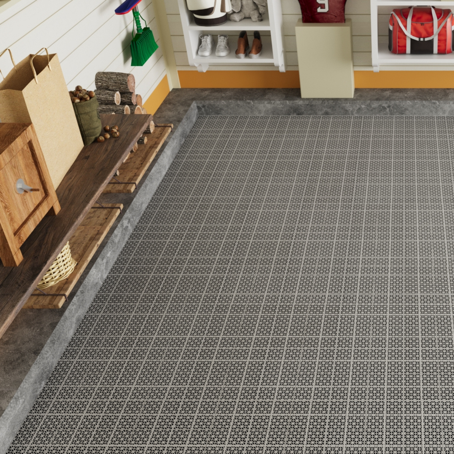 12 x 12 inch gray interlocking deck tiles, plastic waterproof, weighing up to 6613 pounds, with a rose pattern pack of 12 - Korvel