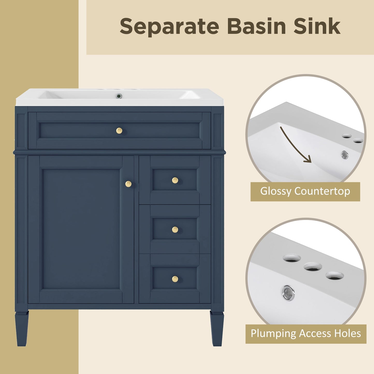 Meuble de salle de bain moderne de 30 pouces avec lavabo et rangement