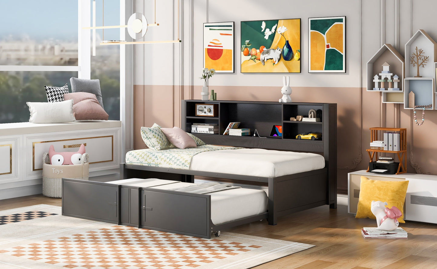 Metal Twin Size Daybed with Trundle, Storage & USB Ports - Black