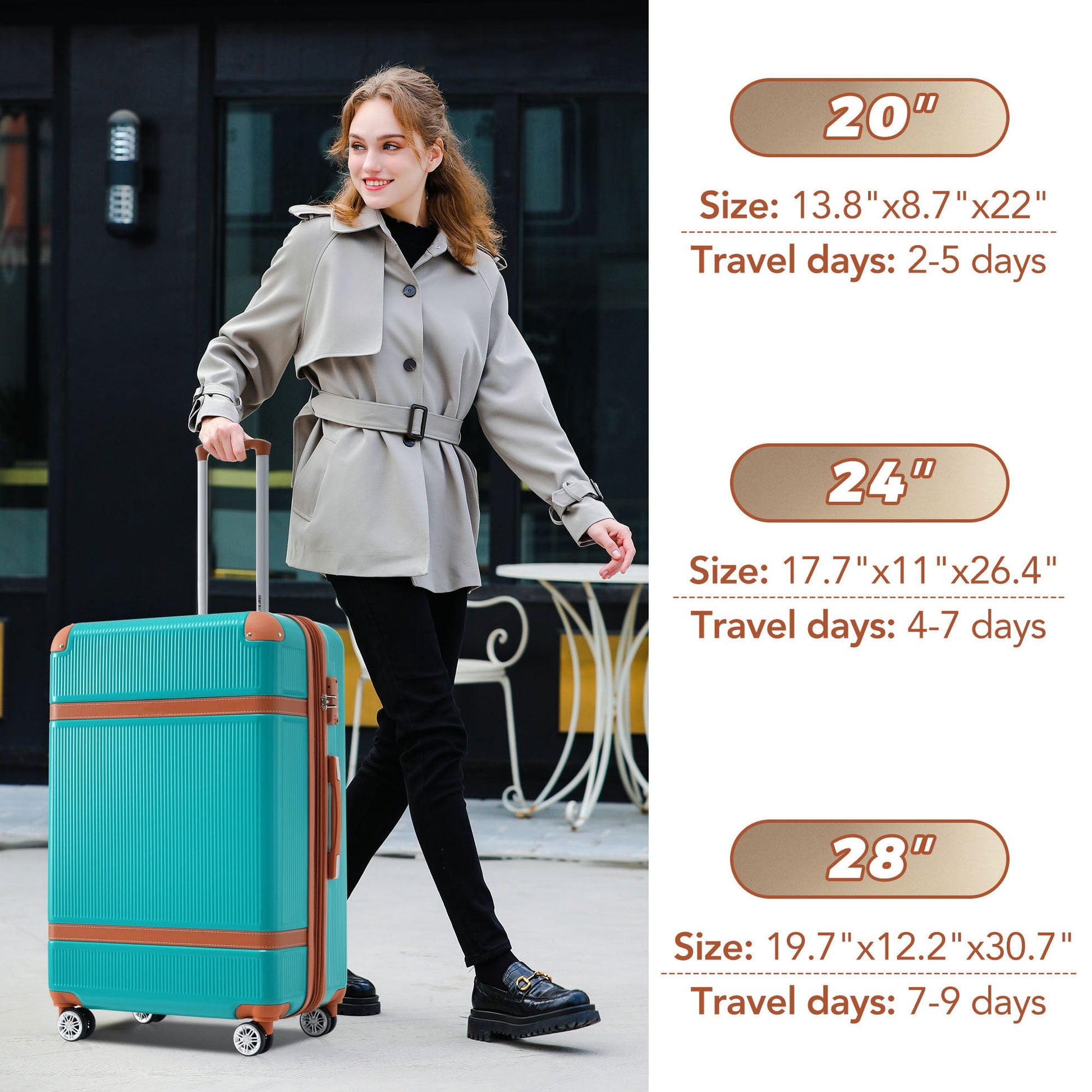 Hardshell Luggage Sets 3 Piece double spinner 8 wheels Suitcase with TSA Lock Lightweight 20''24''28'' Green + ABS - Korvel