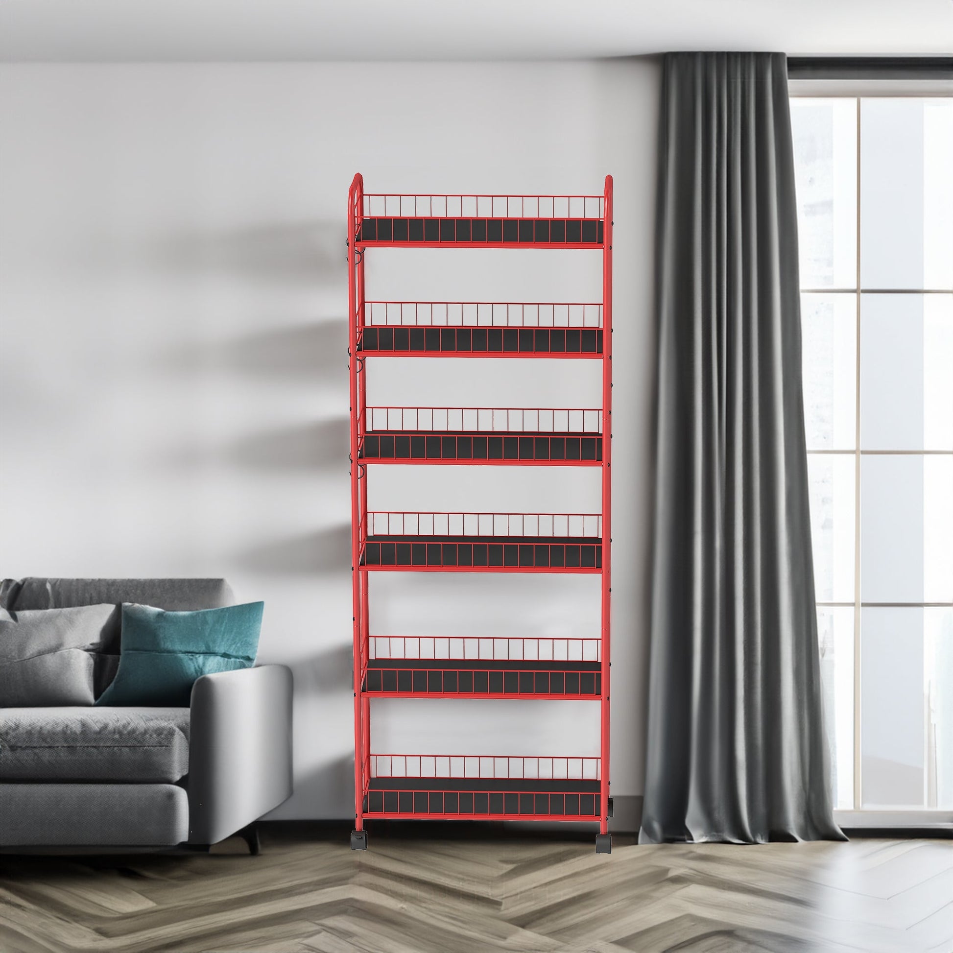 Red 6-story ultra-thin rolling storage cart, mobile shelves with wheels, metal wire storage rack with baskets - Korvel