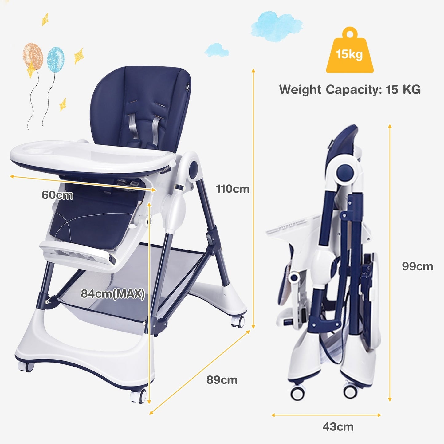 Gbruno A-Shaped High Chair with Lockable Wheels - Navy