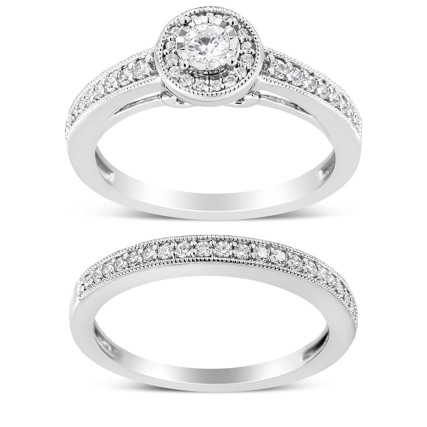 Anillo de Compromiso con Halo de Diamantes de Plata Esterlina .925 1/2 Ctw Conjunto Nupcial