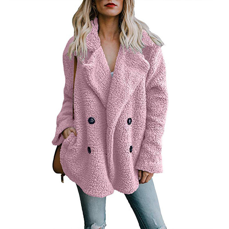 Women's Plush Button Lapel Pocket Overcoat for Autumn & Winter