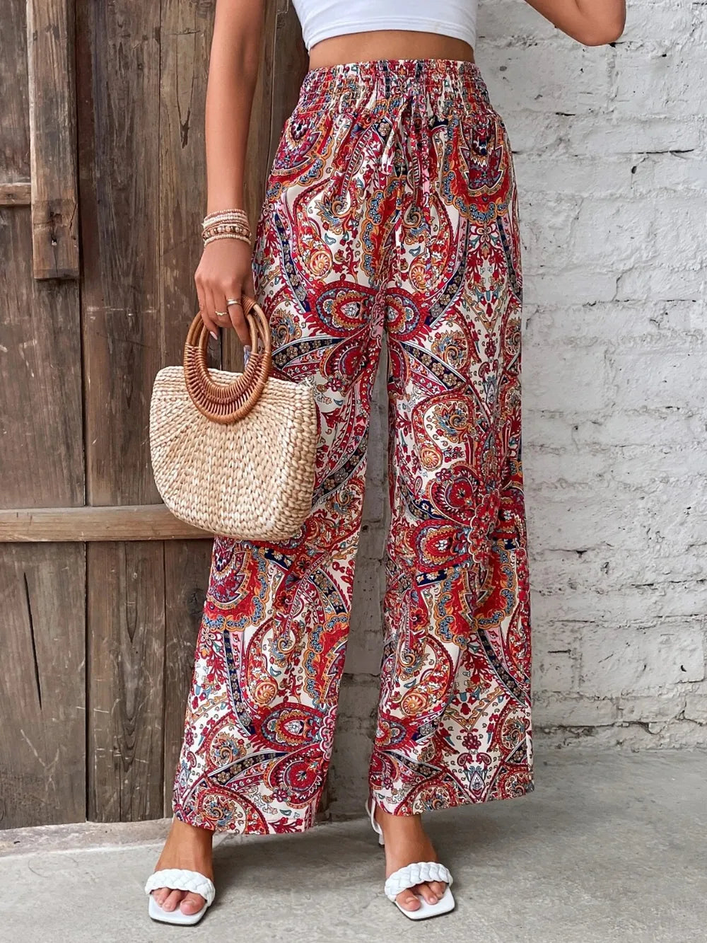 Printed Wide Leg Pants - Korvel