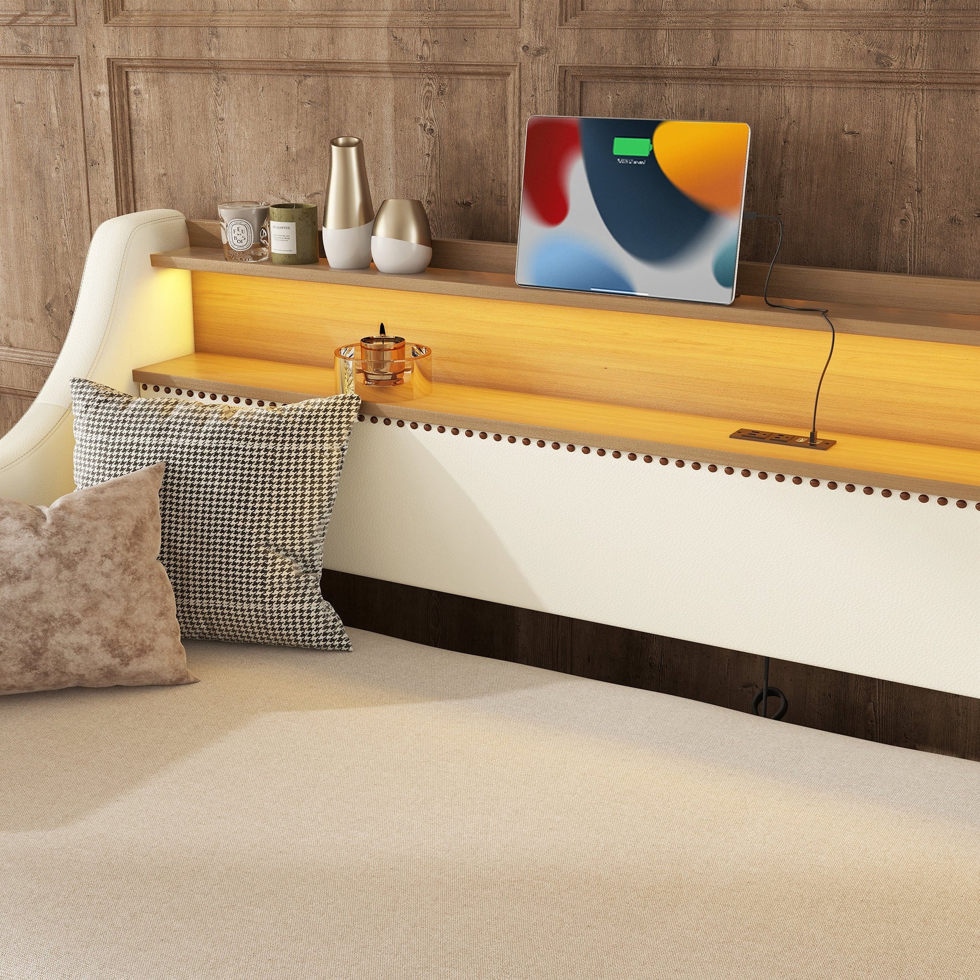 Twin Size Daybed with Trundle, Upholstered Daybed with Charging Station and LED Lights, White - Korvel