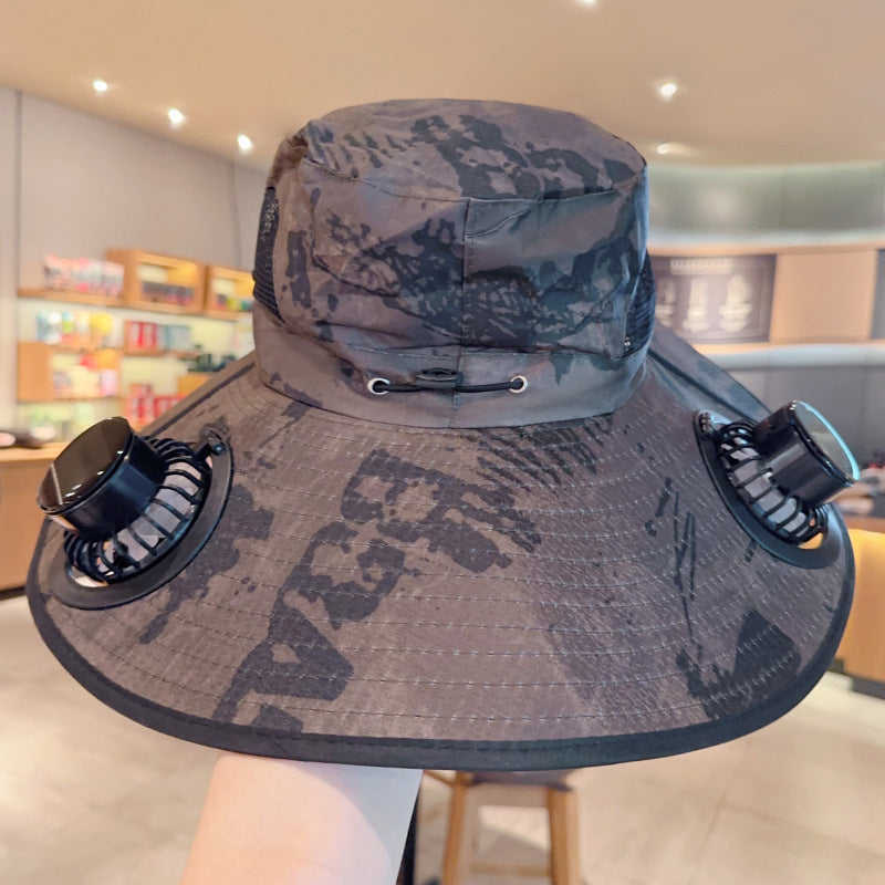 Solar powered fan large brim hat men's outdoor sunshade hat mountain climbing fisherman hat - Korvel