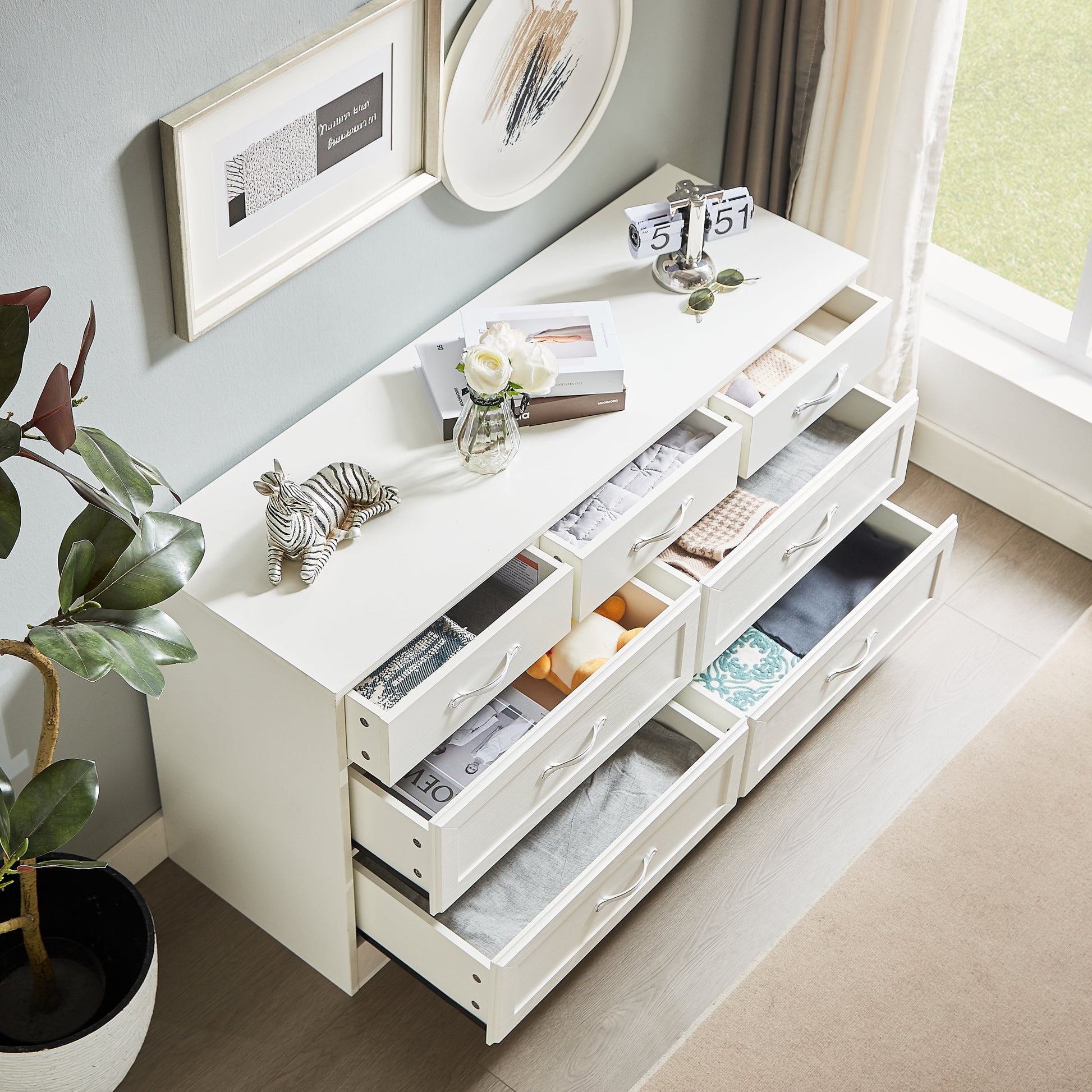 Modern 3 Drawer Bedroom Chest of Drawers with 7 Drawers Dresser Clothes Organizer -Metal Pulls White, 47.6″L x 15.7″W x 26.6″H - Korvel