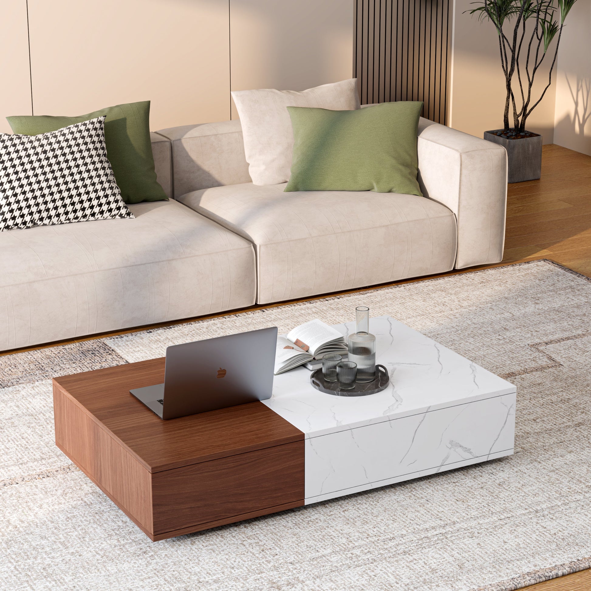 Modern style walnut coffee table with two storage spaces - Korvel