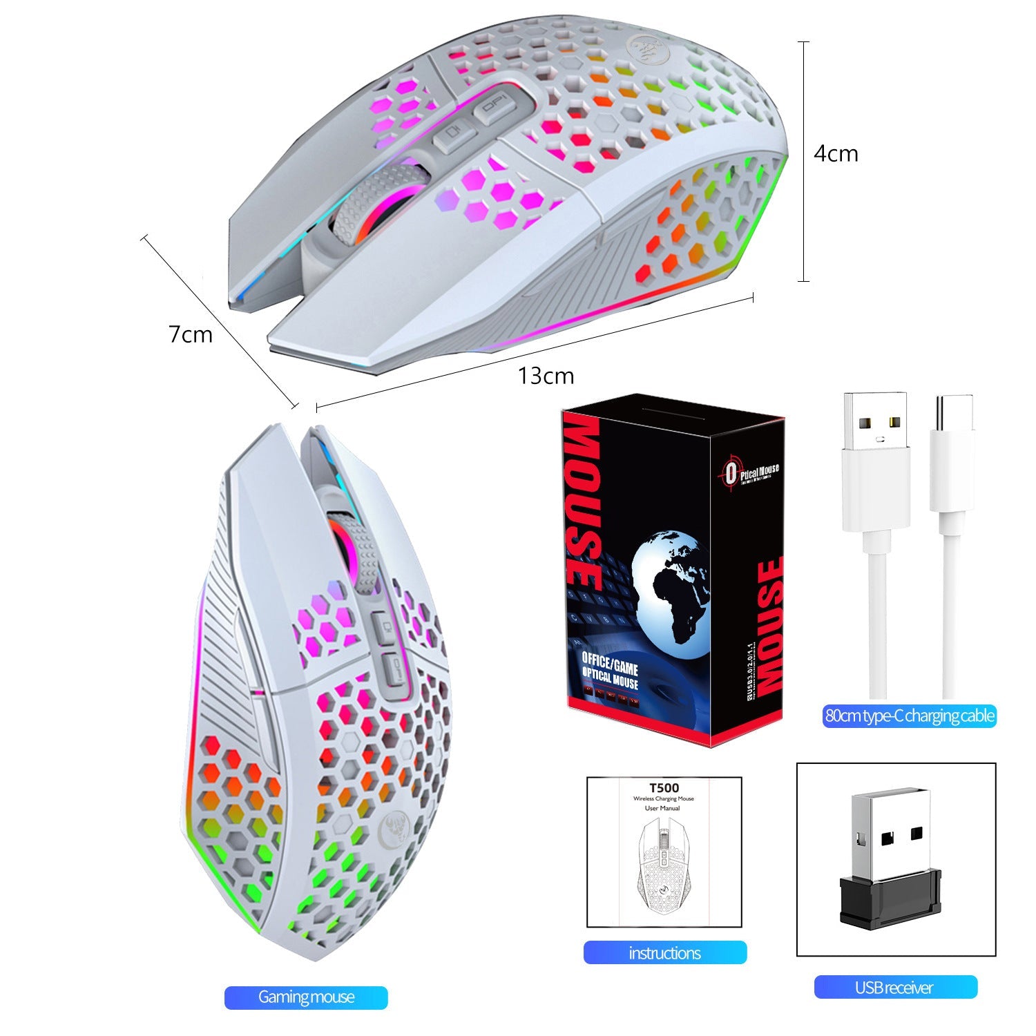 Lightweight hollow hole mouse, wireless rechargeable gaming light emitting computer, laptop, office mouse - Korvel