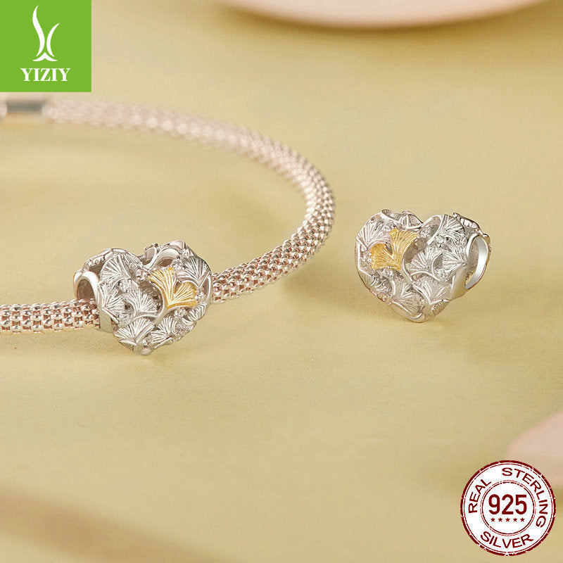 Silver Charm Ginkgo Leaf Splicing Love DIY Bracelet Beads Loose Beads Romantic Autumn Leaves s925 Pure Silver Beads - Korvel