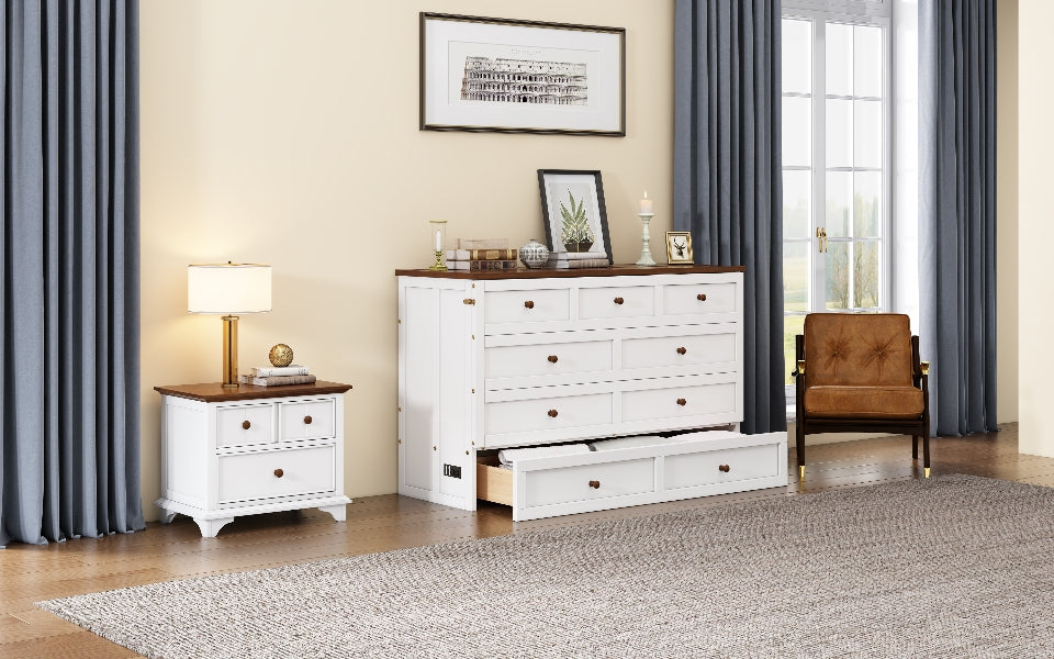 Solid Pine Murphy Bed Chest with Charging Station and Large Storage Drawer for Home Office or Small Room , Queen, White+Walnut - Korvel