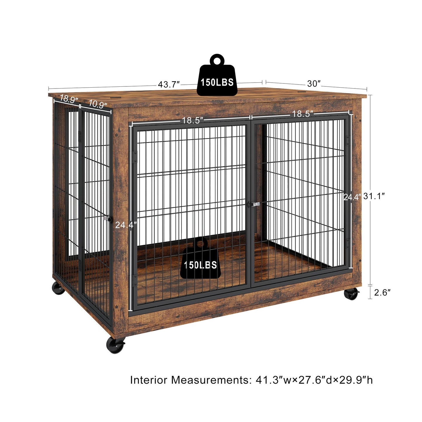 Rustic Brown Furniture Style Dog Crate Side Table on Wheels