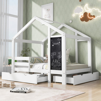 Full House Bed with Blackboard and Drawers - White