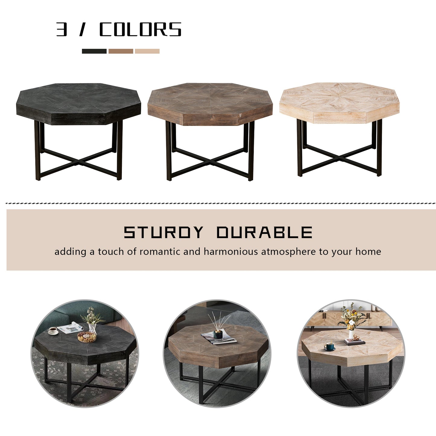 Mesa de café octagonal de madera marrón antigua con patas de metal