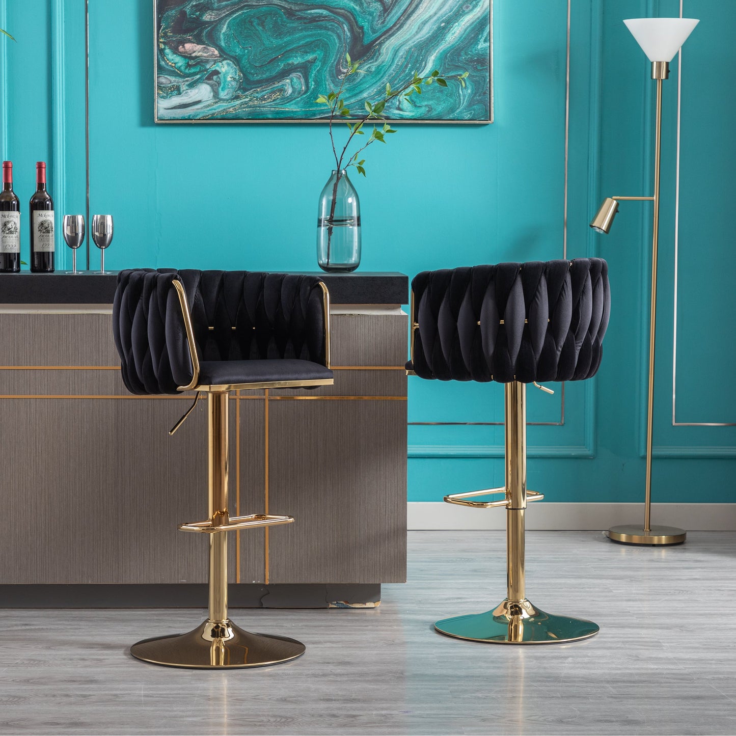 Set of 2 Adjustable Bar Stools with Chrome Footrest - Black Velvet
