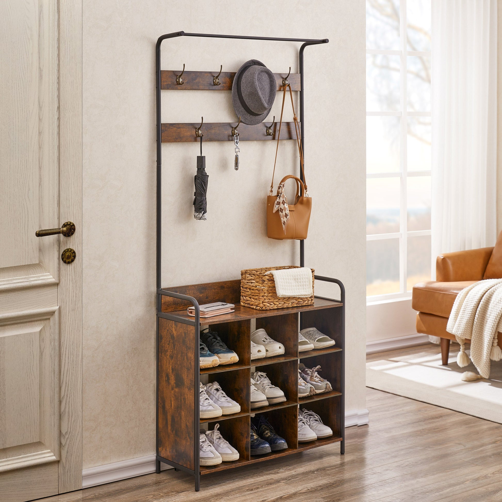 Coat Rack, Hall Tree with Shoe Rack for Entryway, 3-in-1 Entryway Coat Rack and Storage Rack, with 7 Hooks, a Hanging Rod - Korvel