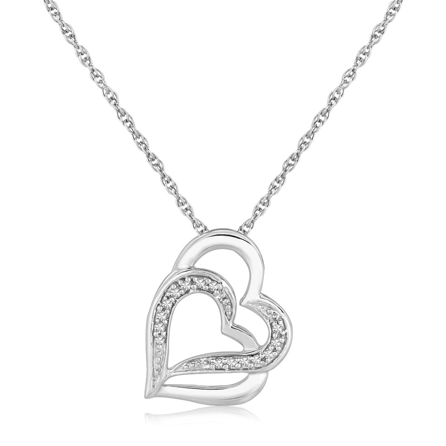 Sterling Silver Dual Heart Motif Pendant with Diamonds