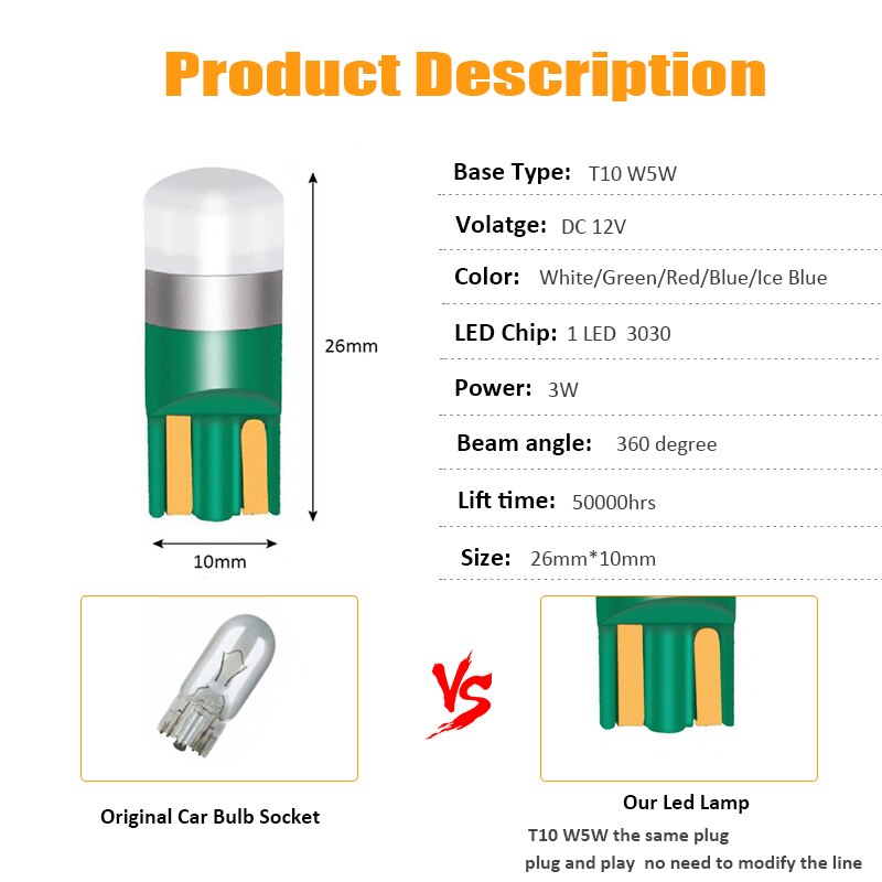 10PCS T10 W5W Led 3030 1SMD Wedge Bulb Auto Dome Reading Car Light Sidemarker Sidelight Parking Lights 194 168 Lamp Bulbs - Korvel