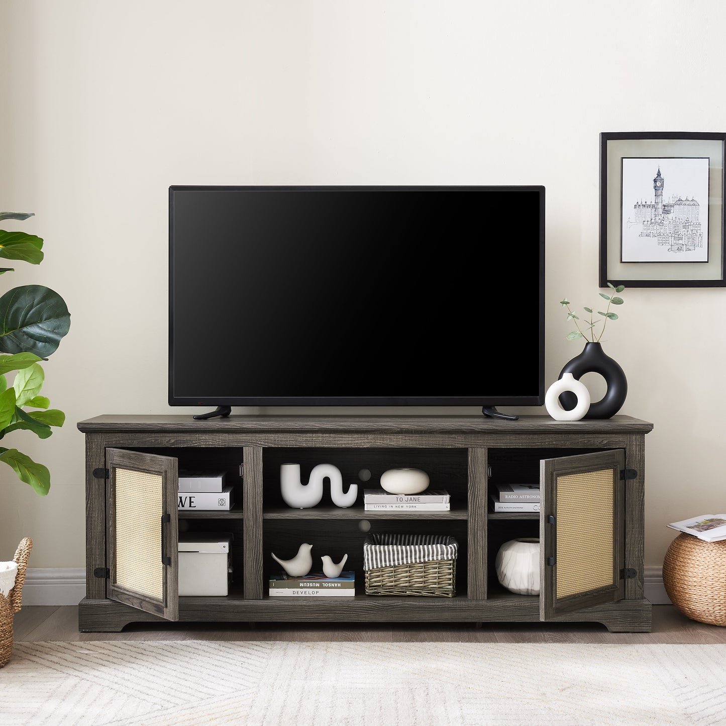 Vine TV stand console table, suitable for TVs under 70 inches, equipped with 2 storage shelves and 2 natural rattan doors, gray - Korvel