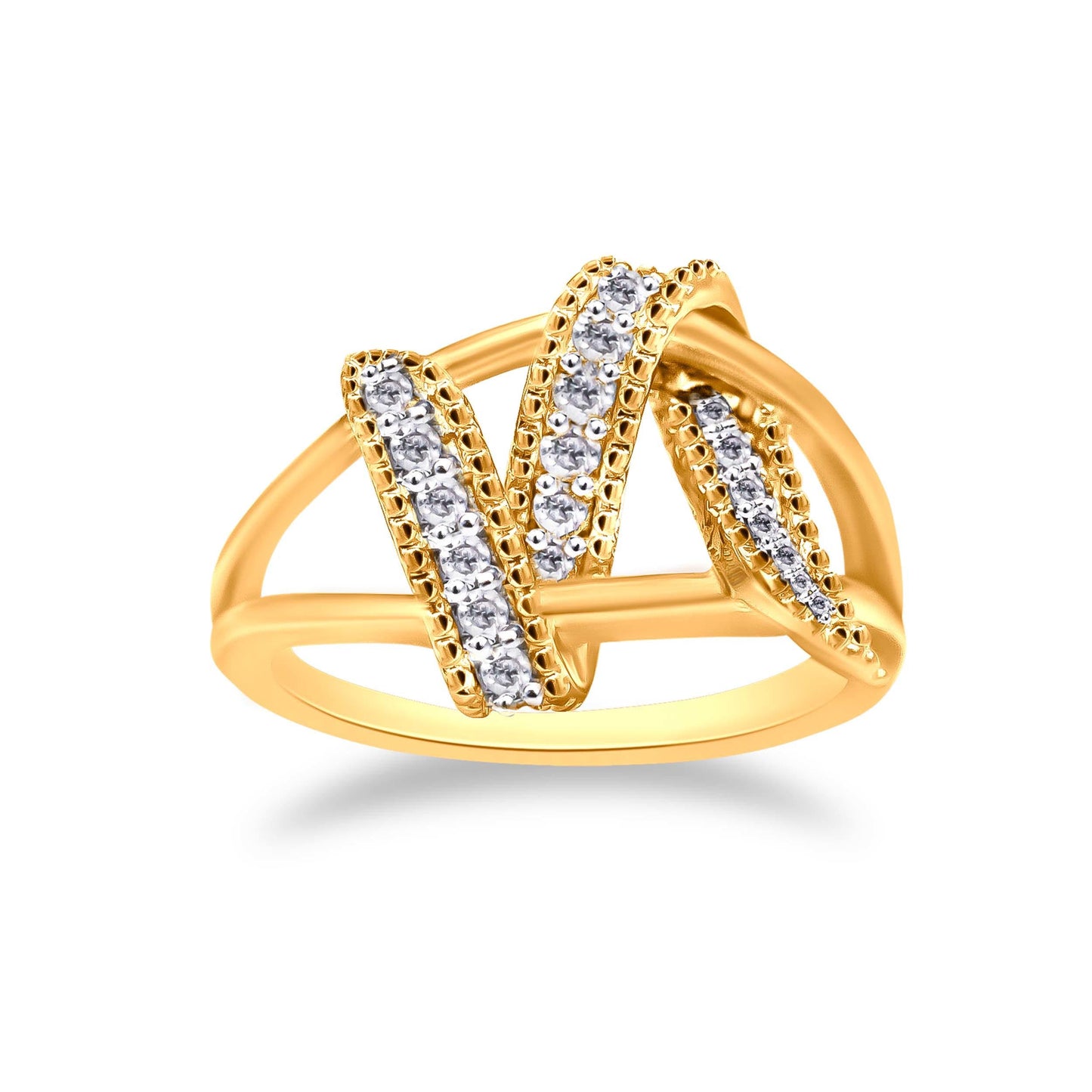 Anillo de Bypass Interlocking de Plata de Ley Baño de Oro de 14K con Diamantes - Talla 7