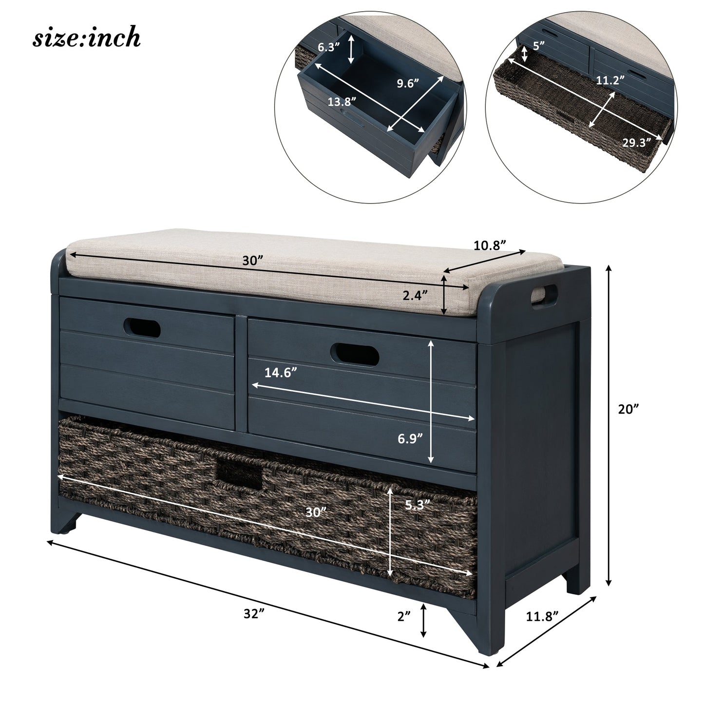 TREXM Storage Bench with Removable Basket and 2 Drawers, Fully Assembled Shoe Bench with Removable Cushion (Navy) - Korvel