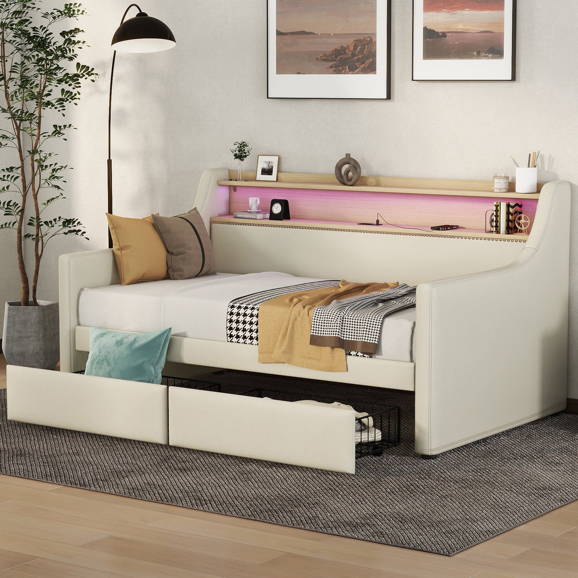 Twin Size Daybed with Storage Drawers, Upholstered Daybed with Charging Station and LED Lights, Beige - Korvel