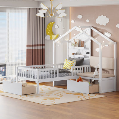 Twin Size House Bed with Upholstered Sofa and Charging Station