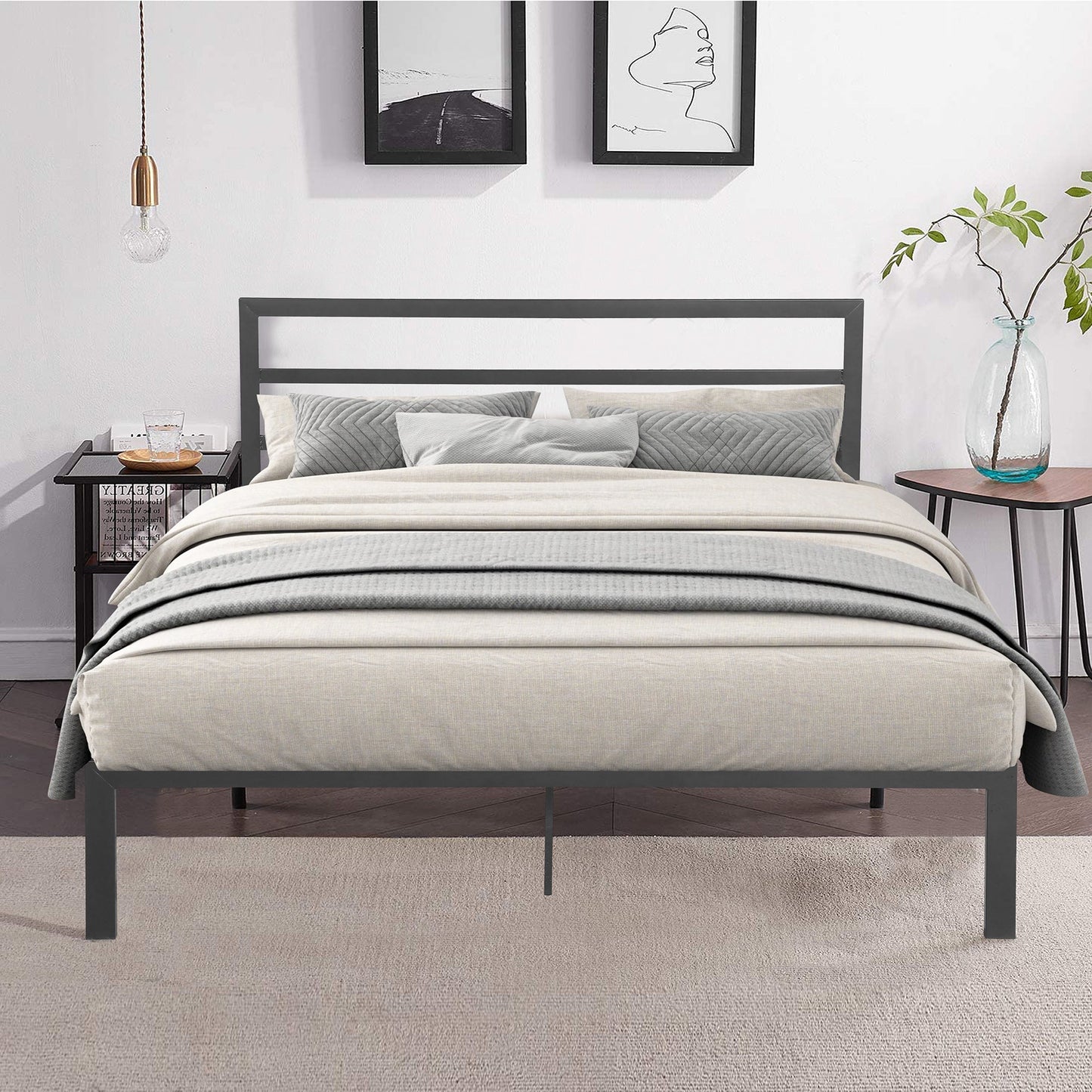 Queen Size Metal Bed Frame with Headboard Charcoal Grey - Korvel