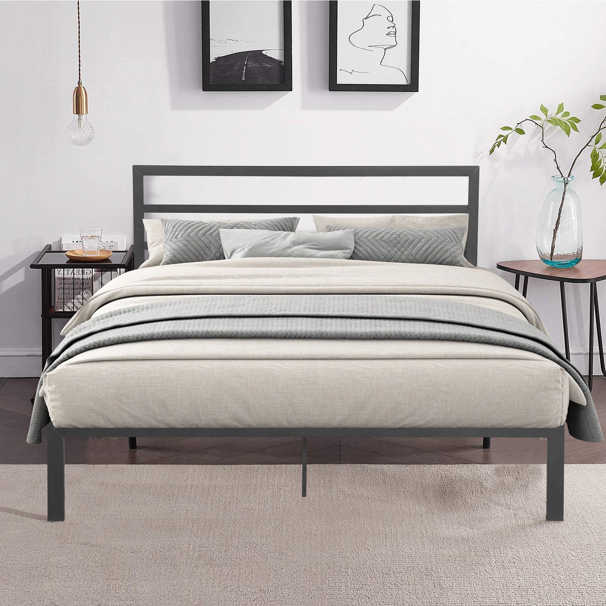 Queen Size Metal Bed Frame with Headboard Charcoal Grey - Korvel