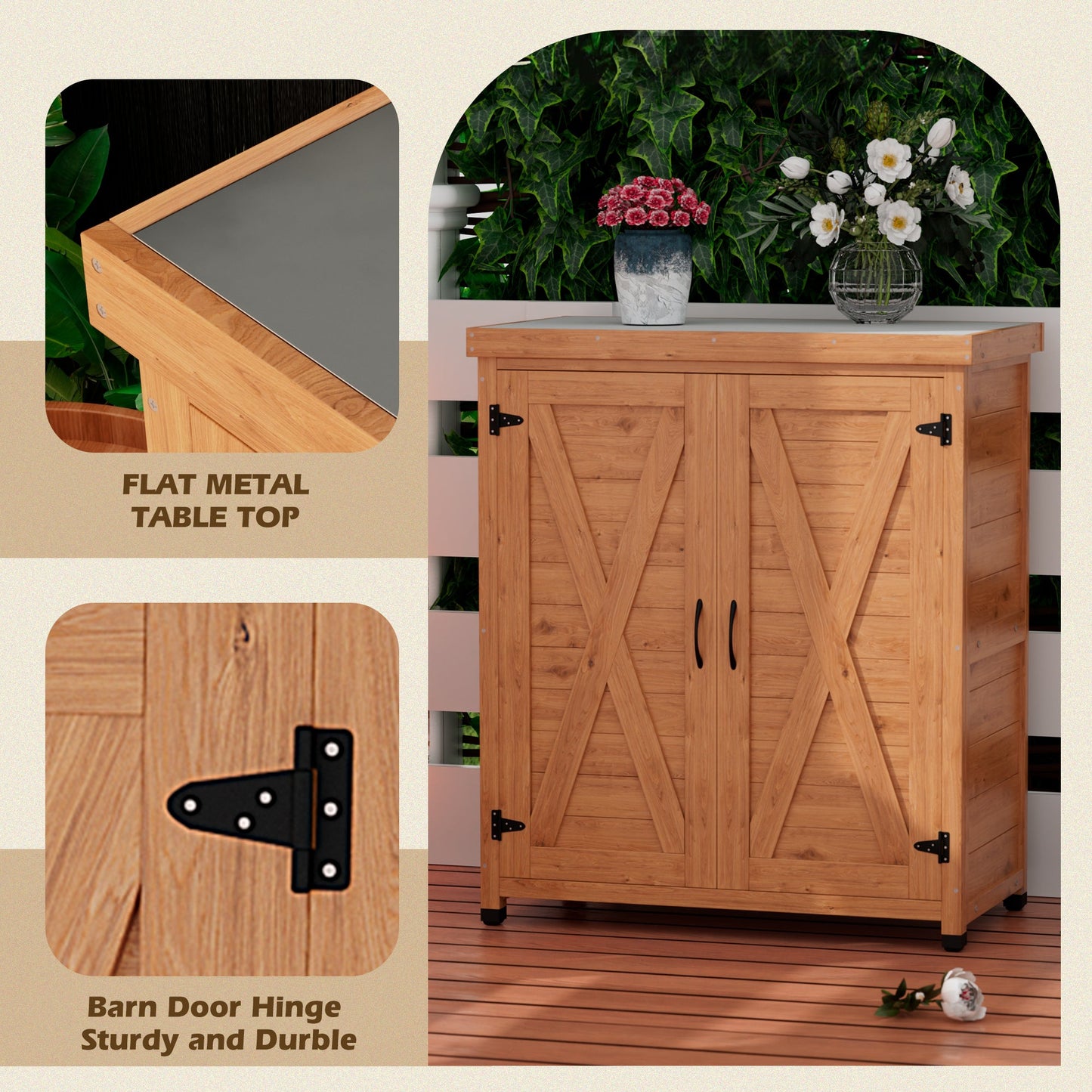 Potting Bench with Storage Cabinet and Metal Table Top for Outdoor Patio,Outdoor Work Station Table - Korvel