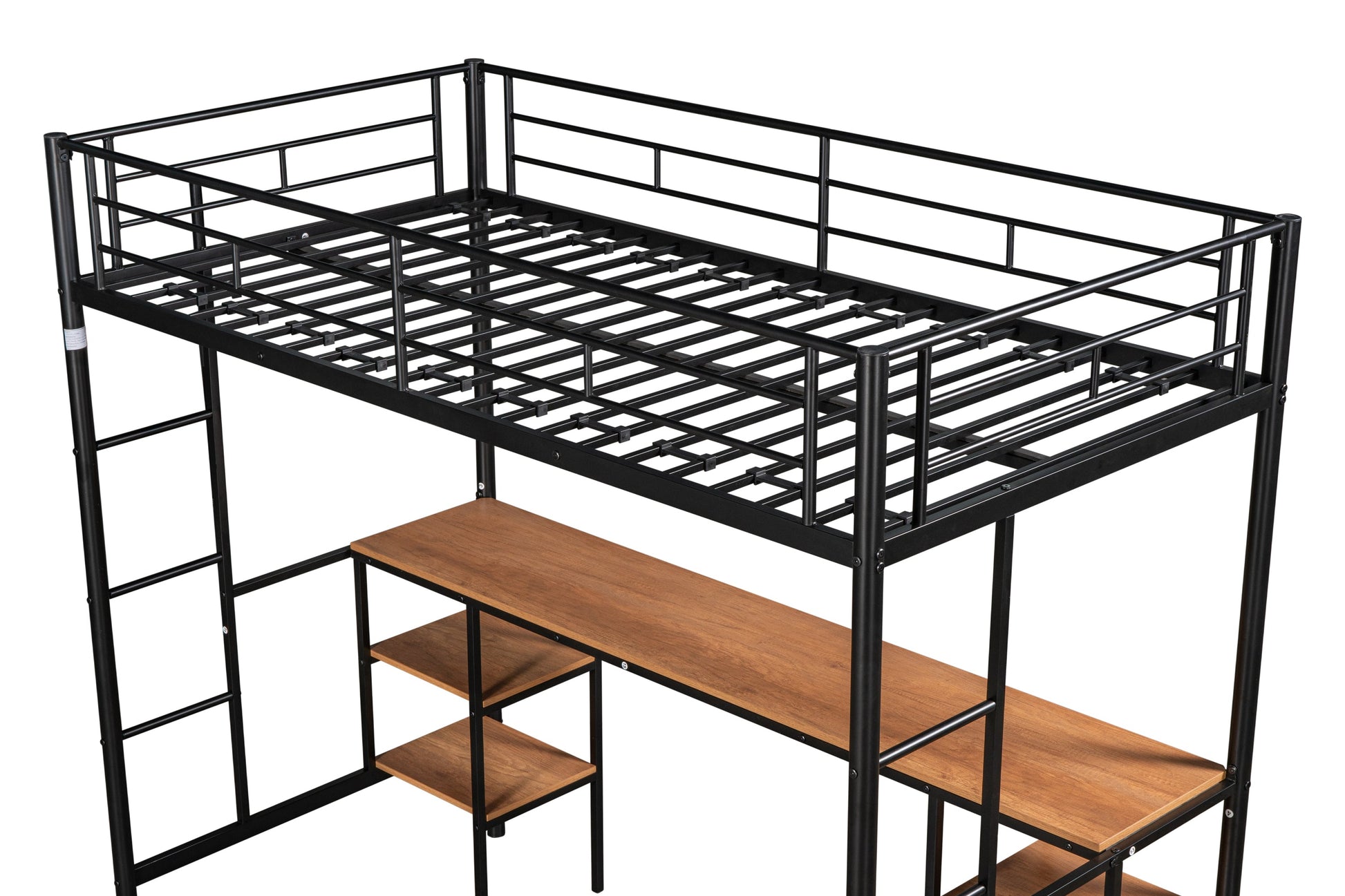 Twin loft bed with table and shelf/Heavy duty sturdy metal/Built in table and shelf/Noise reduction/Safety fence - Korvel