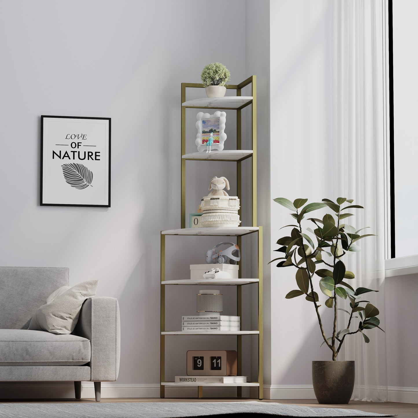 6-story corner open bookshelf, modern bookshelf, wooden frame, independent bookshelf unit, - Korvel