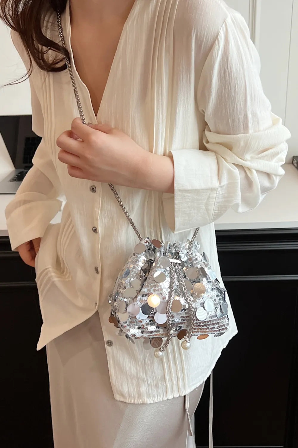 Drawstring Sequin Crossbody Bag - Korvel
