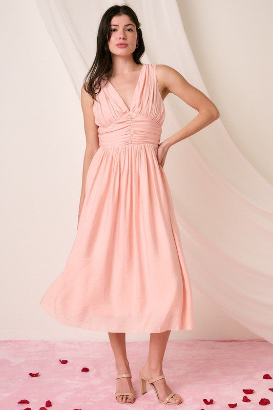 Robe midi sans manches à décolleté en V froncé élégante pour femmes