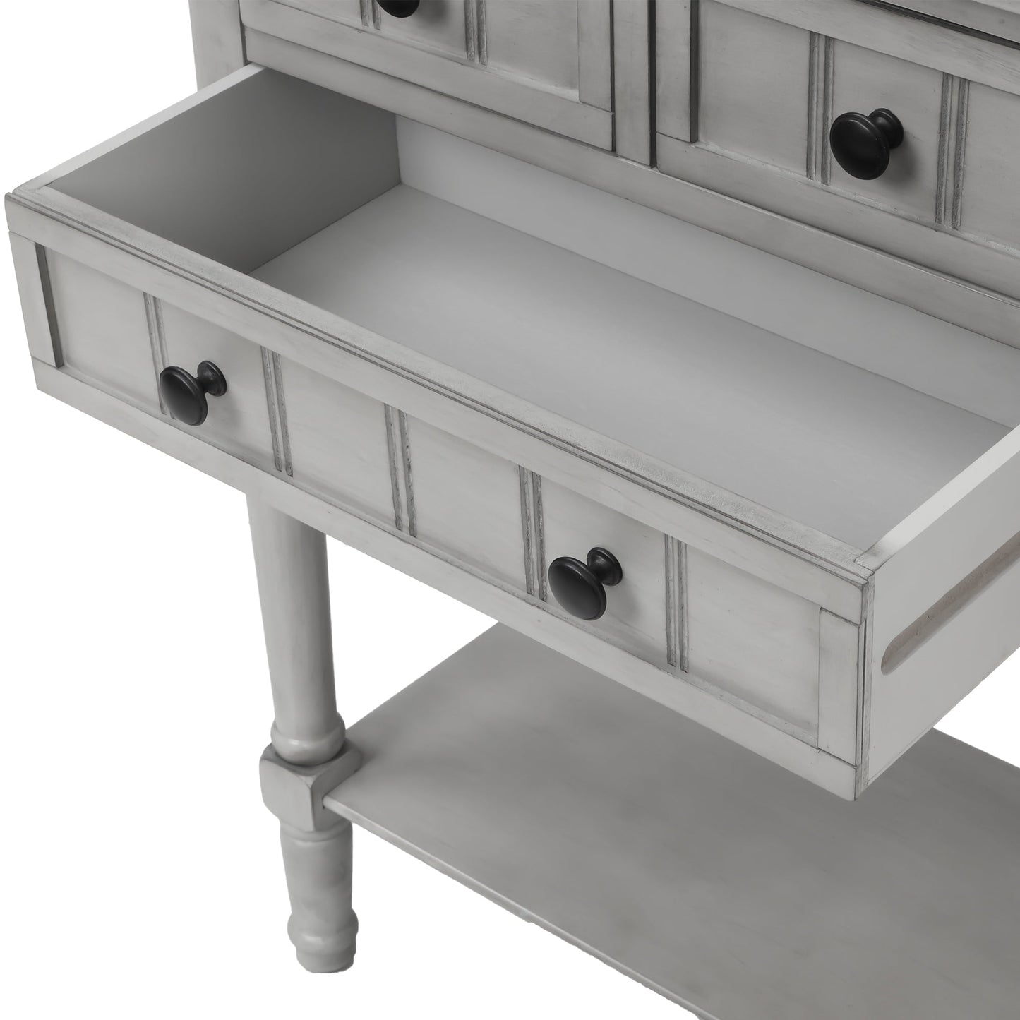 TREXM Narrow Console Desk, Thin Sofa Table with Three Storage Drawers and Living Room Bottom Shelves (Grey Washed) - Korvel