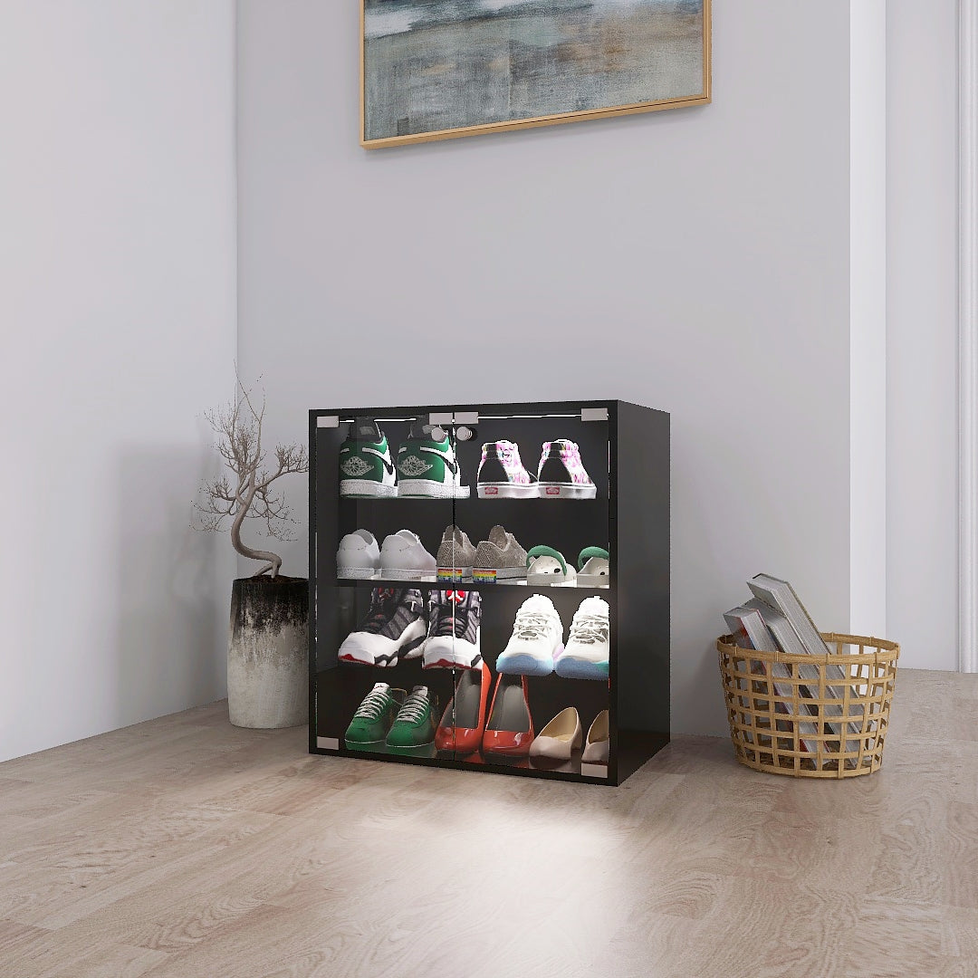 4 Layers Black Shoe Cabinet with Glass Door and Glass Layer Shoes Display Cabinet with LED light Bluetooth Control - Korvel