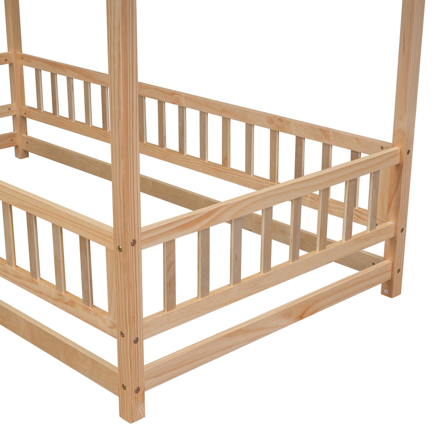 Lit en bois taille twin avec cadre de toit de maison et barrières de sécurité