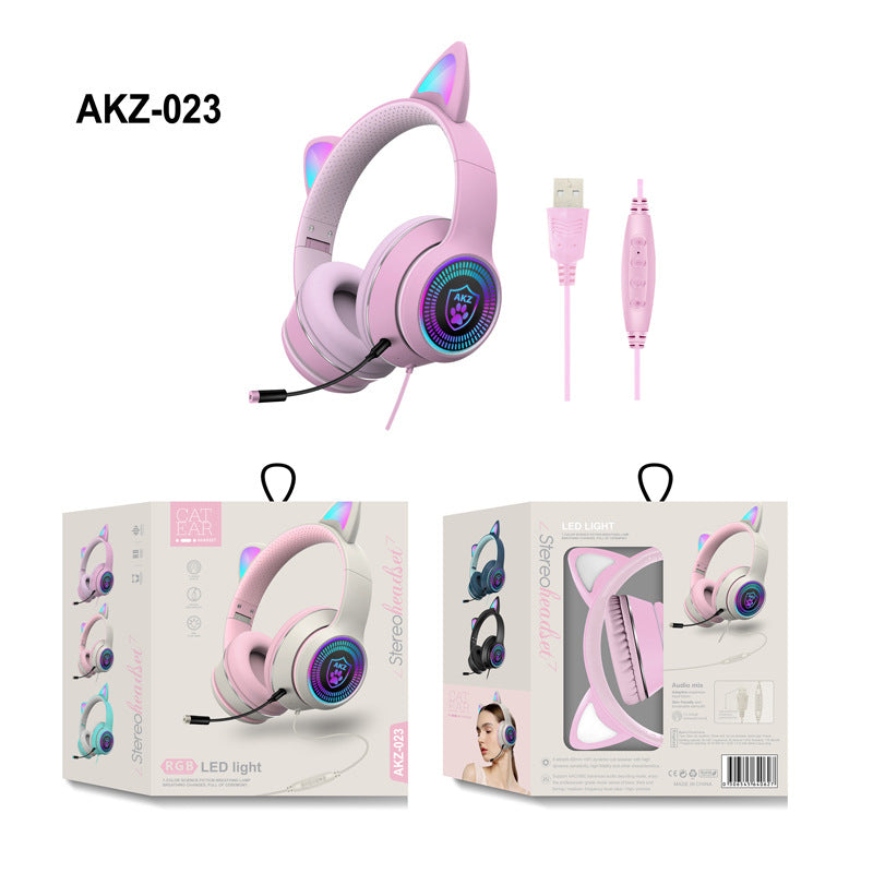 AKZ-023 New RGB Luminous Cat Ear Wired Headset USB With Sound Card Game Headset Learning Headset - Korvel