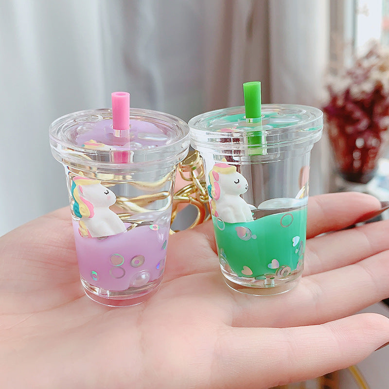Glitter Quicksand Key Chain Liquid Floating Unicorn Keyring Keychain Bag Charm Milk Tea Cup Pendant Keyfob Gift for Women - Korvel